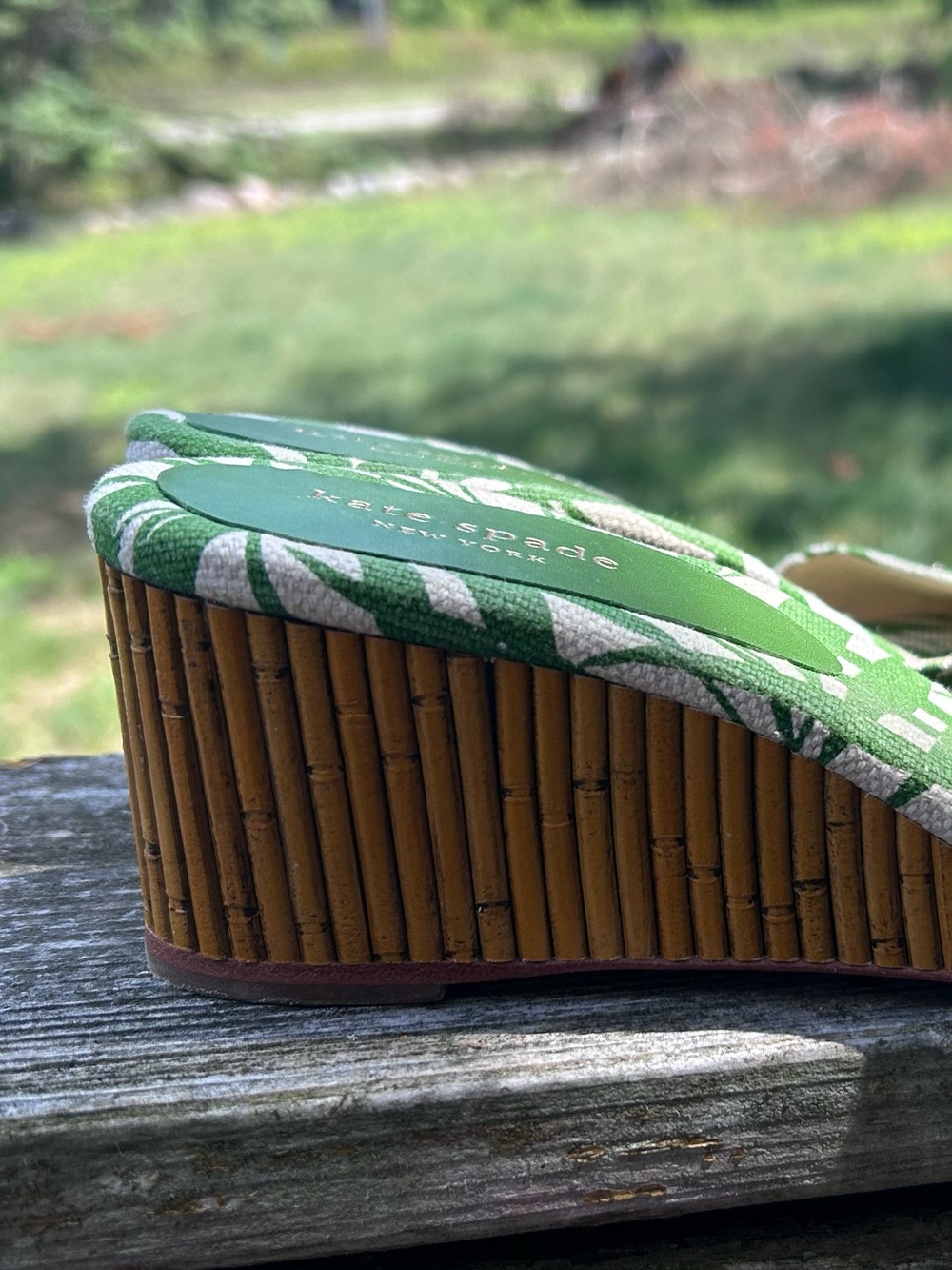 Kate Spade Meena Palm Green Canvas Bamboo Wedge Sandals Size 9 - Picture 10 of 17